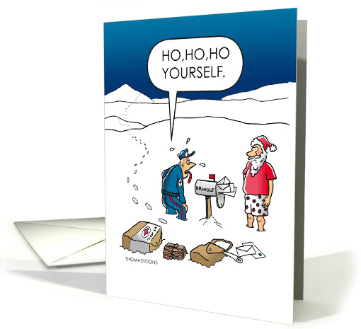Funny Christmas Postman Delivering Mail to Santa at North Pole. card