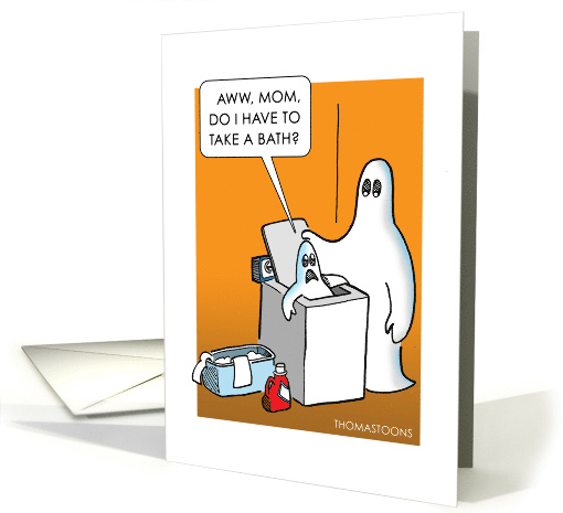 Funny Halloween Young Ghost Taking Bath in Washing Machine card