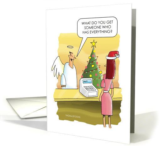 Humorous Christmas Angel Buying Present for God card (1575426)