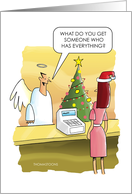 Humorous Christmas Angel Buying Present for God card
