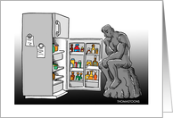 Humorous Dinner Party Invitation Card, The Thinker Looking in Fridge card