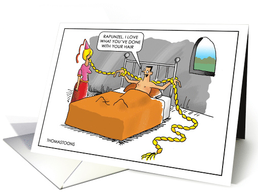 Humorous Man Tied to Bed With Rapunzel's Hair card (1581654)