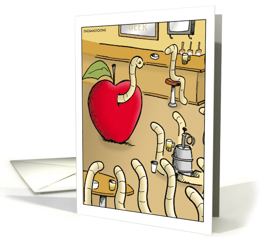 Humorous Birthday Card With a Worm Emerging From Apple at Bar card
