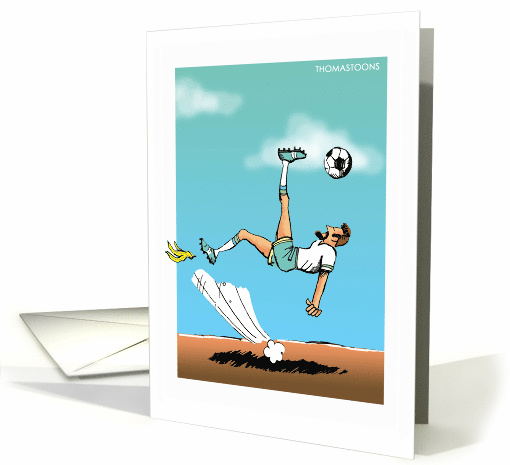 Humorous Soccer Player Doing Bicycle Kick Slipping on Banana card