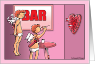 Cupids Playing Darts on Heart Shaped Dart Board card