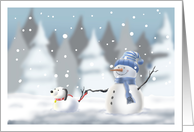 Snowman Walking Snow Dog card