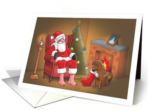 Santa with Dog Bringing Him Stockings card (1879322)