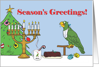 Oscar Seasons Greetings With a Yule Log Xmas Tree Menorah and Dreidels card