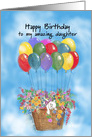 Cat Floating in a Balloon Basket of Flowers Daughter Birthday card