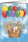 Cute Cat Riding in a Basket of Flowers With Balloons Religious card