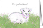 Welcome Baby Girl With Little Lamb and Pink Flower Wreath card