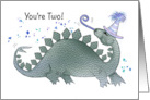 Second Birthday With Dinosaur Wearing Party Hat and Blowing Party Horn card