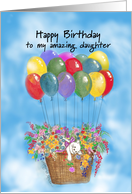 Cat Floating in a Balloon Basket of Flowers Daughter Birthday card