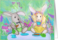 Best Friends Bunnys’ Tea Party in a Colorful Garden card