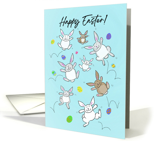 Easter Card With Hopping Bunnies and Colorful Easter Eggs Rejoice card