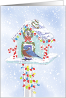 Christmas Bluebird With His Decorated Birdhouse card
