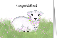 Welcome Baby Girl With Little Lamb and Pink Flower Wreath card