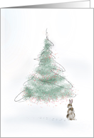 Snowy Christmas Tree with Rabbit in Peaceful Winter Scene card