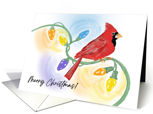 Merry Christmas Cardinal on a String of Christmas Lights card
