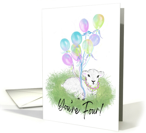 Little Lamb with Balloons 4th Birthday and God's Blessing from Me card