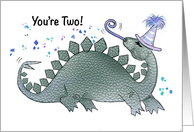 Second Birthday With Dinosaur Wearing Party Hat and Blowing Party Horn card