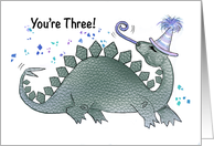 Third Birthday With Dinosaur Wearing Party Hat and Blowing Party Horn card