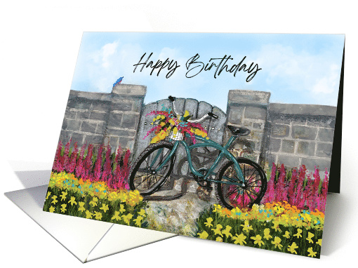 Happy Birthday with Bicycle and Basket of Pink and Yellow Flowers card