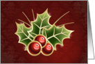 Shining Holly Berry on Dark Red Damask background card
