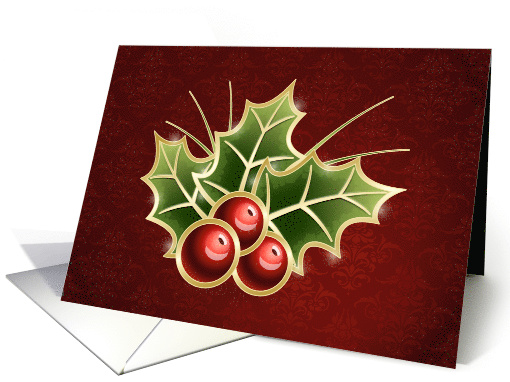Shining Holly Berry on Dark Red Damask background card (1586994)