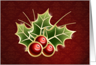 Shining Holly Berry on Dark Red Damask background card