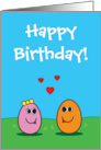 Happy Birthday with Cute Cartoon Egg Couple and Hearts card