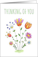 Thinking of You with Cheerful Watercolor Doodle Flowers card