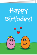 Happy Birthday with Cute Cartoon Egg Couple and Hearts card