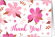Thank You with Floral Flower Pattern in Pink, Brown and White card