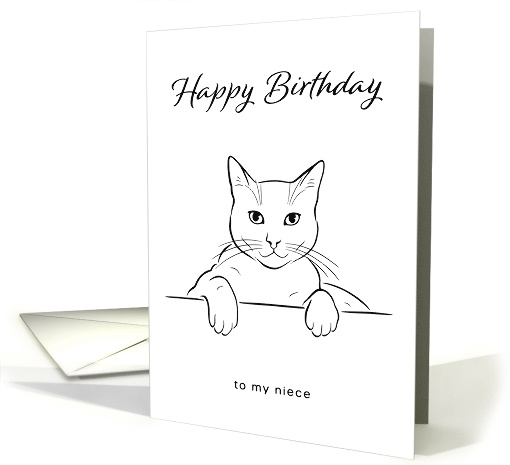 Niece Birthday with Simple Black and White Cat Line Drawing card