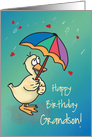 Grandson Birthday Duck with Umbrella in Rain and Hearts card