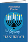 Custom Relation Cousin Hanukkah Menorah on Dark Blue card