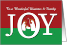 Christmas to Minister and Family JOY on Red and Green with Nativity card