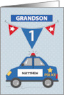 Custom Name Grandson 1st Birthday Blue Police Car card