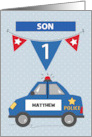 Custom Name Son 1st Birthday Blue Police Car card