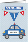 Custom Name Special Boy 1st Birthday Blue Police Car card