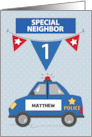 Custom Name Special Neighbor 1st Birthday Blue Police Car card