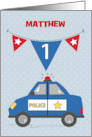 Custom Name 1st Birthday Blue Police Car card