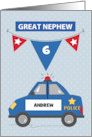 Custom Name and Age Great Nephew 6th Birthday Blue Police Car card