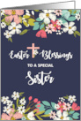 Sister Easter Blessings of Risen Christ Flowers on Navy Blue for Nun card