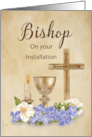 Bishop Installation Congratulations Cross Candle Chalice and Flowers card