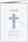 Boy Customizable Name Baptism Blessings Blue Cross Damask with Swirls card