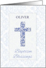 Boy Customizable Name Baptism Blessings Blue Cross Damask with Swirls card