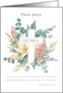 Custom Name Pastor Get Well Cross with Watercolor Wildflower Blessings card