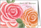 Thirtieth Birthday Blessings Custom Name Large Watercolor Roses card